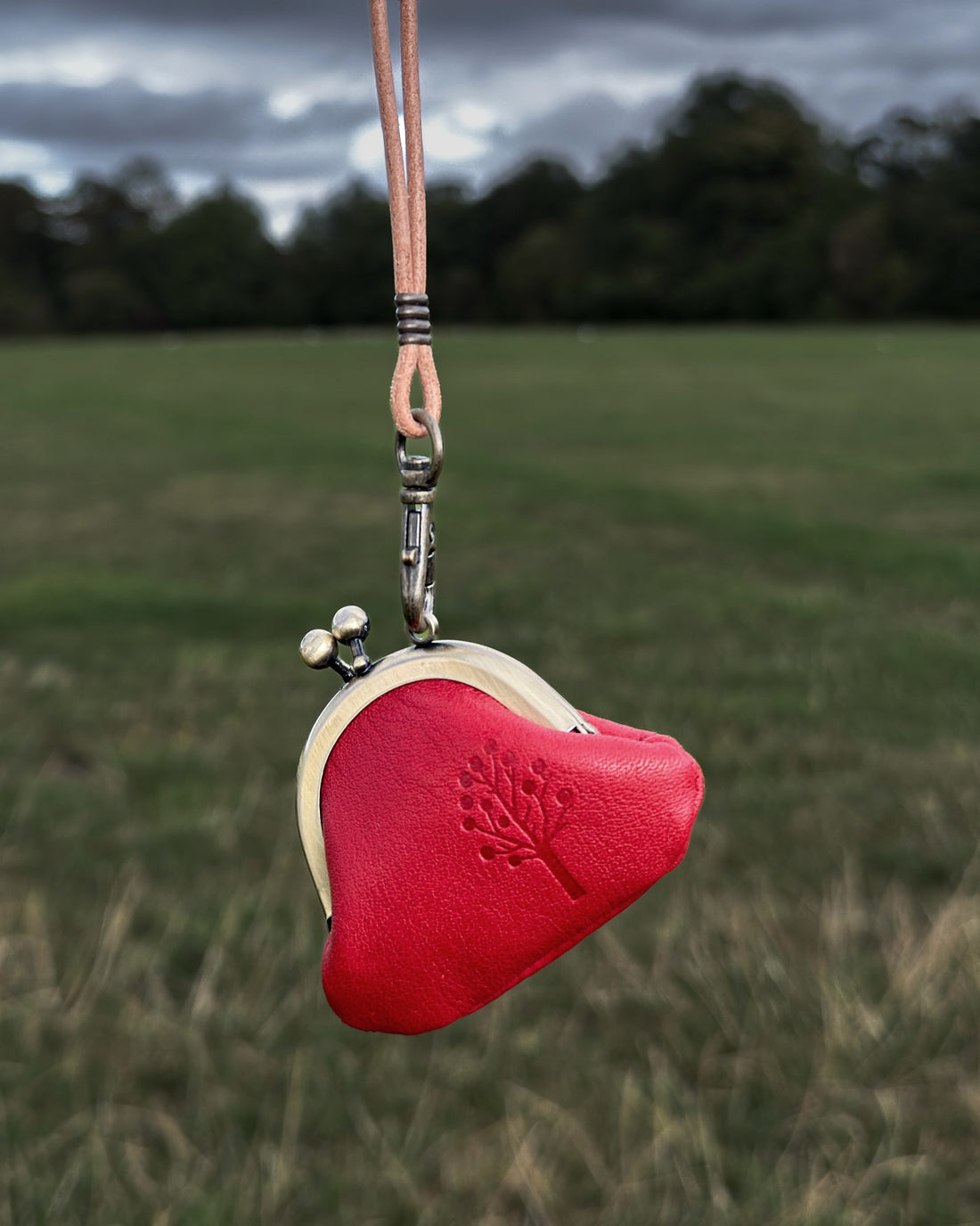 Deep red Japanese leather necklace purse hanging from its undyed leather cord in a field, with a brass clasp at the top.