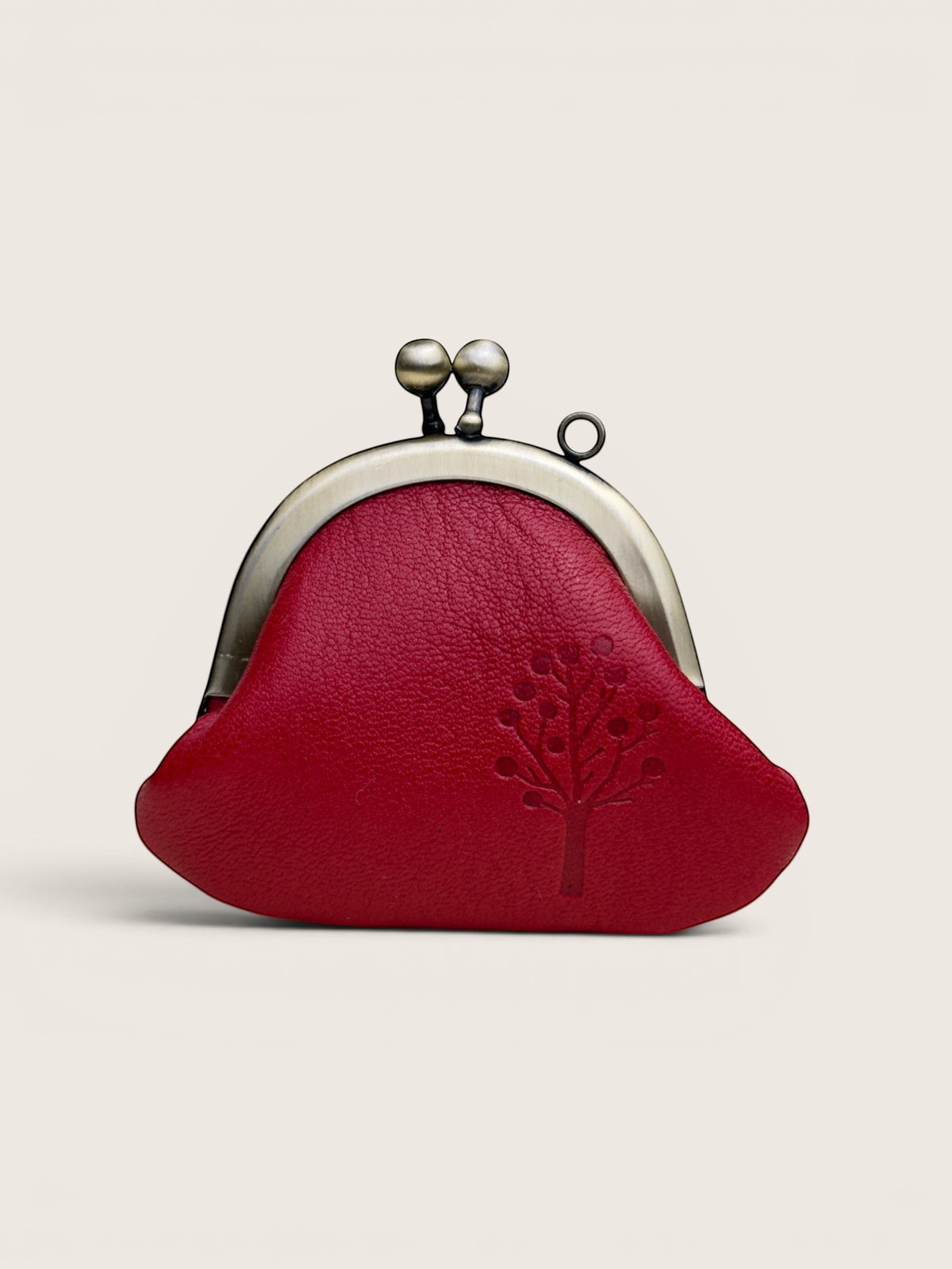 Ourooh red leather gamaguchi necklace purse with embossed tree design and antique brass clasp
