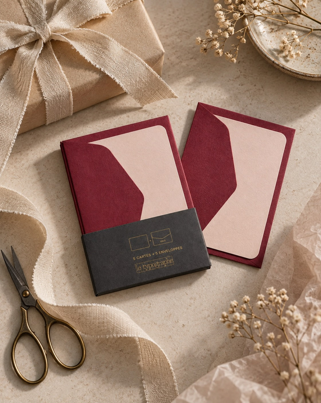 Angled view of Le Typographe burgundy and peach mini cards in charcoal paper sleeve