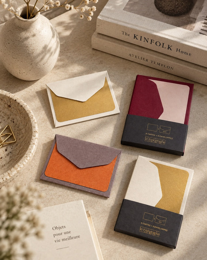 Three Le Typographe mini card and envelope sets in burgundy, blue, mustard and ivory paper