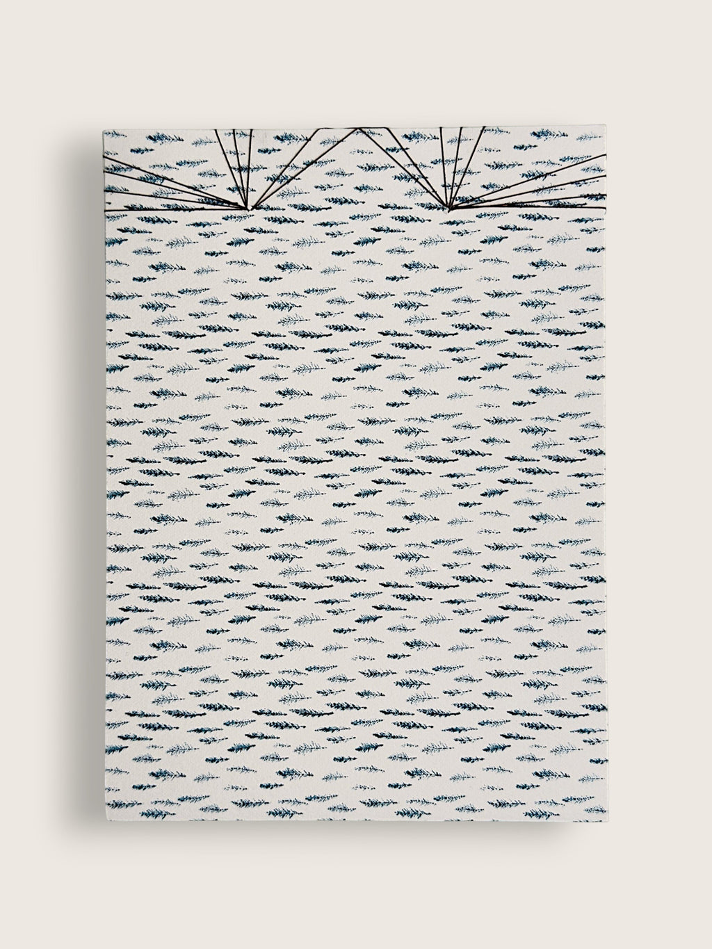 A rectangular canvas wall art print featuring a textured, hand-painted style pattern of small dark blue fish on a light blue and white background, with two radiating lines at the top. The canvas is shown hanging against a neutral light beige wall.