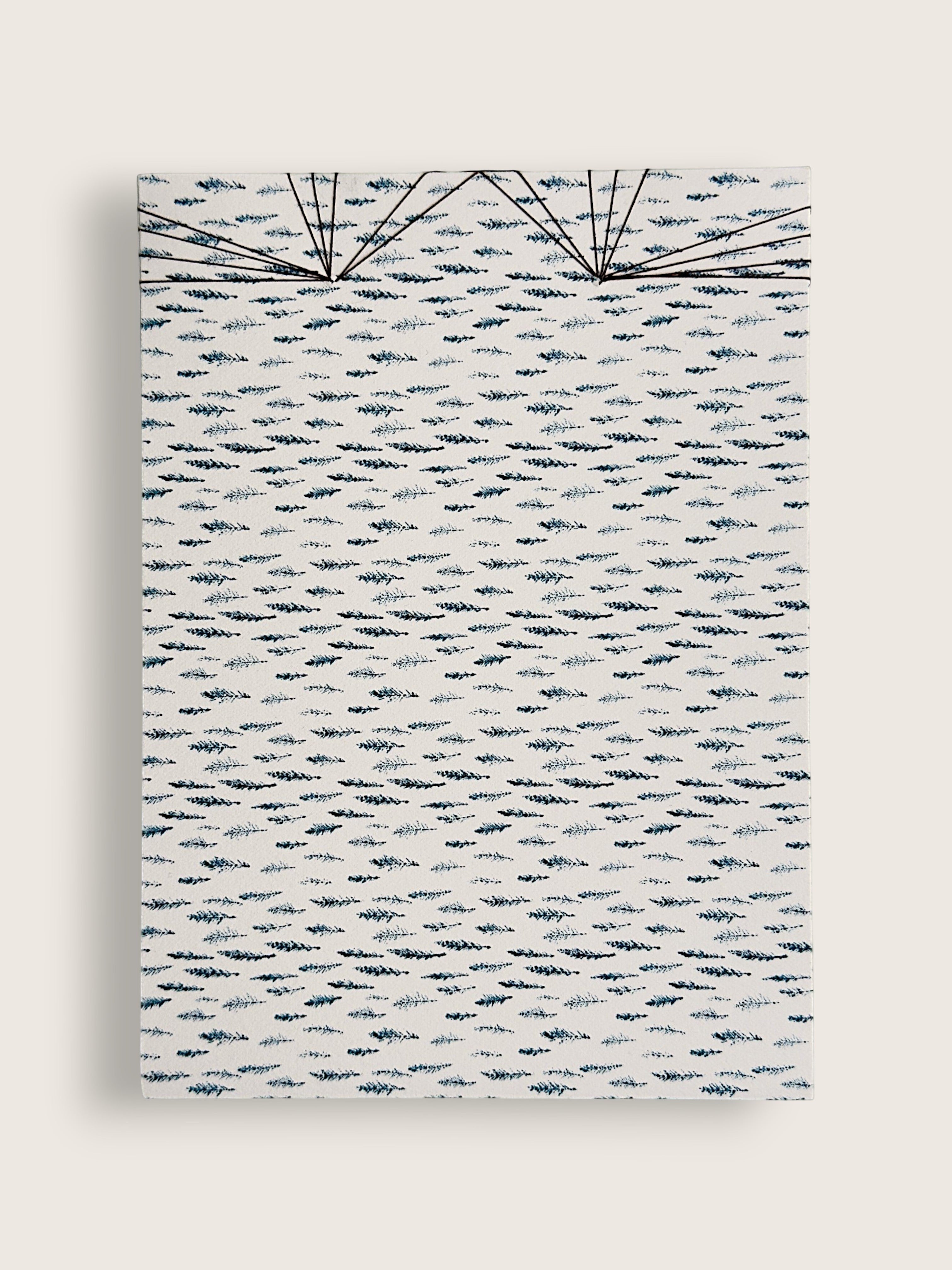 A rectangular canvas wall art print featuring a textured, hand-painted style pattern of small dark blue fish on a light blue and white background, with two radiating lines at the top. The canvas is shown hanging against a neutral light beige wall.