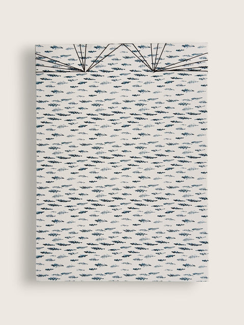 A rectangular canvas wall art print featuring a textured, hand-painted style pattern of small dark blue fish on a light blue and white background, with two radiating lines at the top. The canvas is shown hanging against a neutral light beige wall.