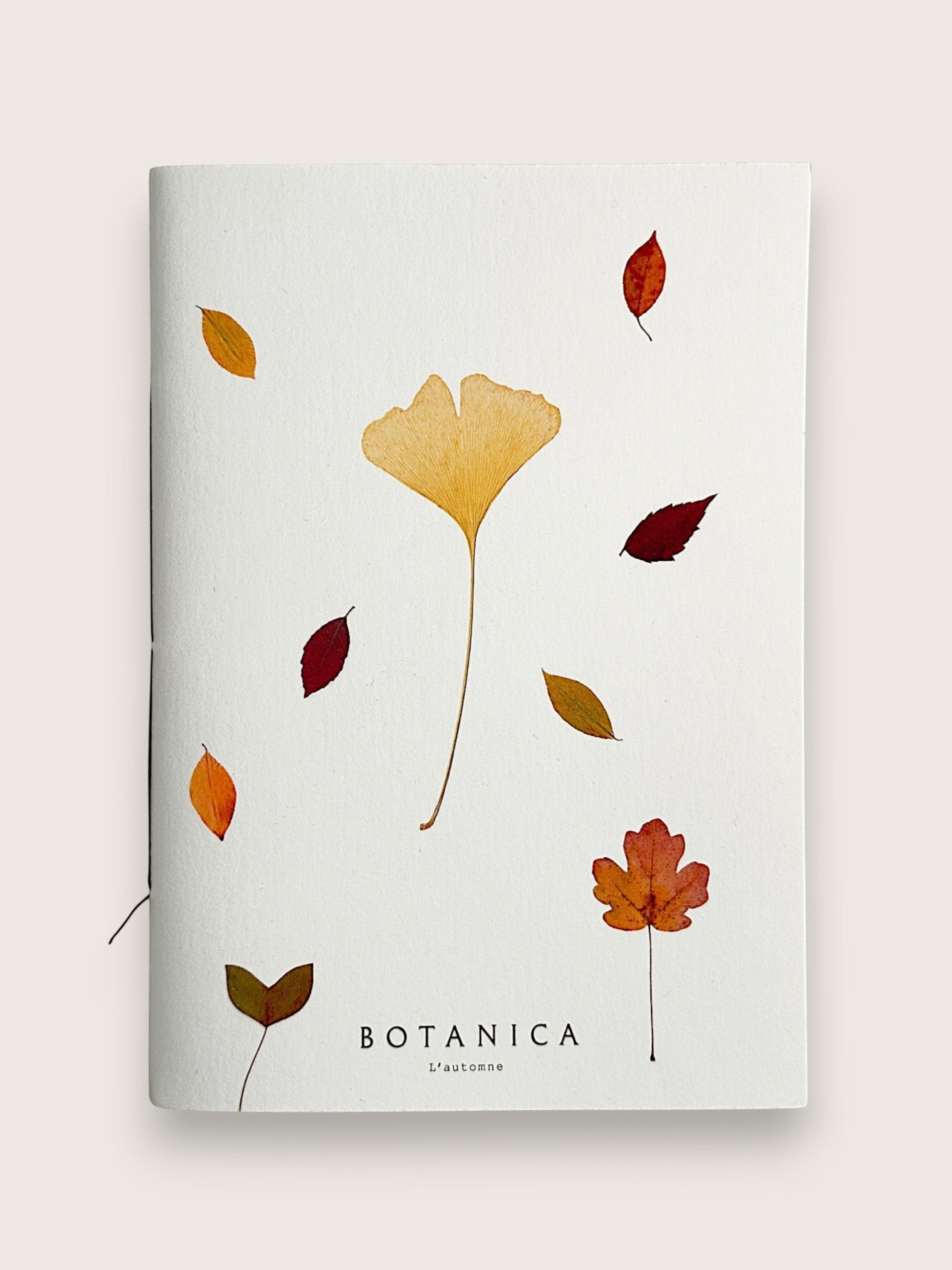 A Botanica L'Automne notebook with a white cover decorated with watercolor autumn leaves in shades of orange, yellow, and red, set against a light beige background.