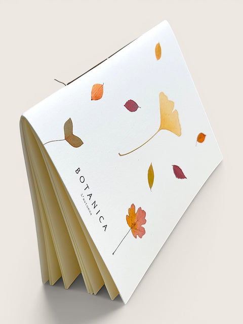 A white Botanica Calypso notebook shown open at an angle, featuring a white cover decorated with watercolor autumn leaves in shades of orange, yellow, and brown, and cream-colored pages visible on the left side.