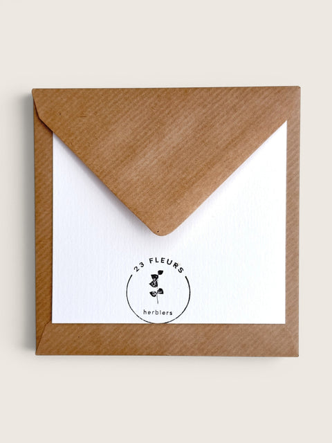 A square kraft brown envelope with a white paper insert, featuring a black circular logo for '23 FLEURS herbiers' near the bottom center, set against a light beige background.