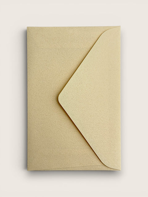 A kraft paper envelope with a diagonal flap, shown flat against a light beige background.