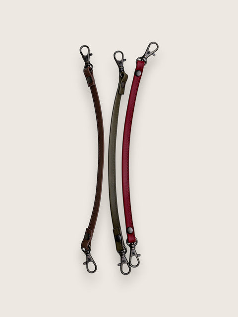 Two leather dog leashes with metal snap hooks, shown vertically on a light beige background. One leash is dark brown and the other is a muted olive green, both with a red leather accent section near the top.