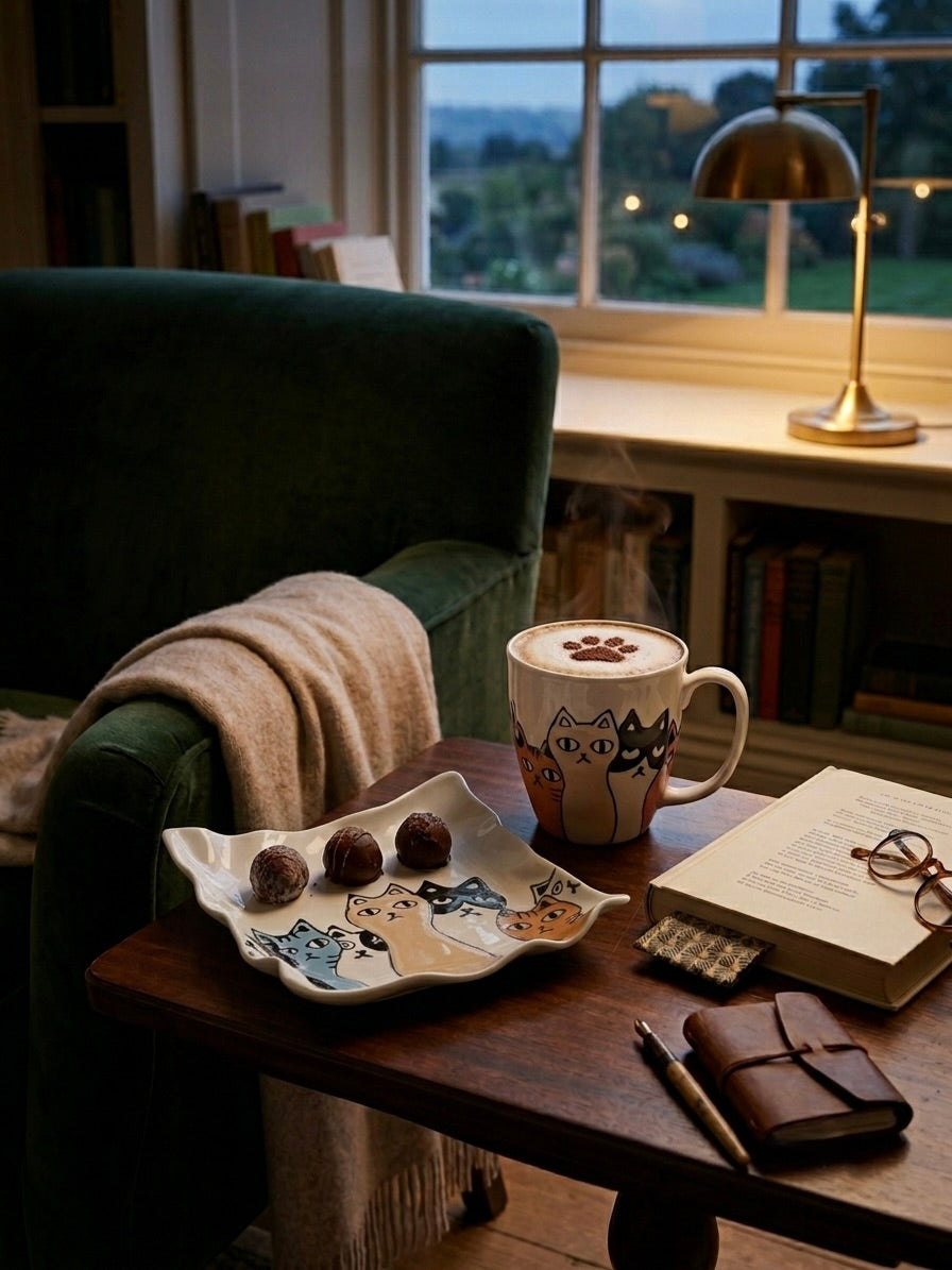 A cozy indoor scene with a wooden table holding a ceramic mug with a cat illustration and latte art, a matching rectangular plate with illustrated cat characters, an open book, glasses, a pen, and a small leather notebook. A green armchair with a cream throw is beside the table, and a window with string lights and a brass desk lamp are in the background.