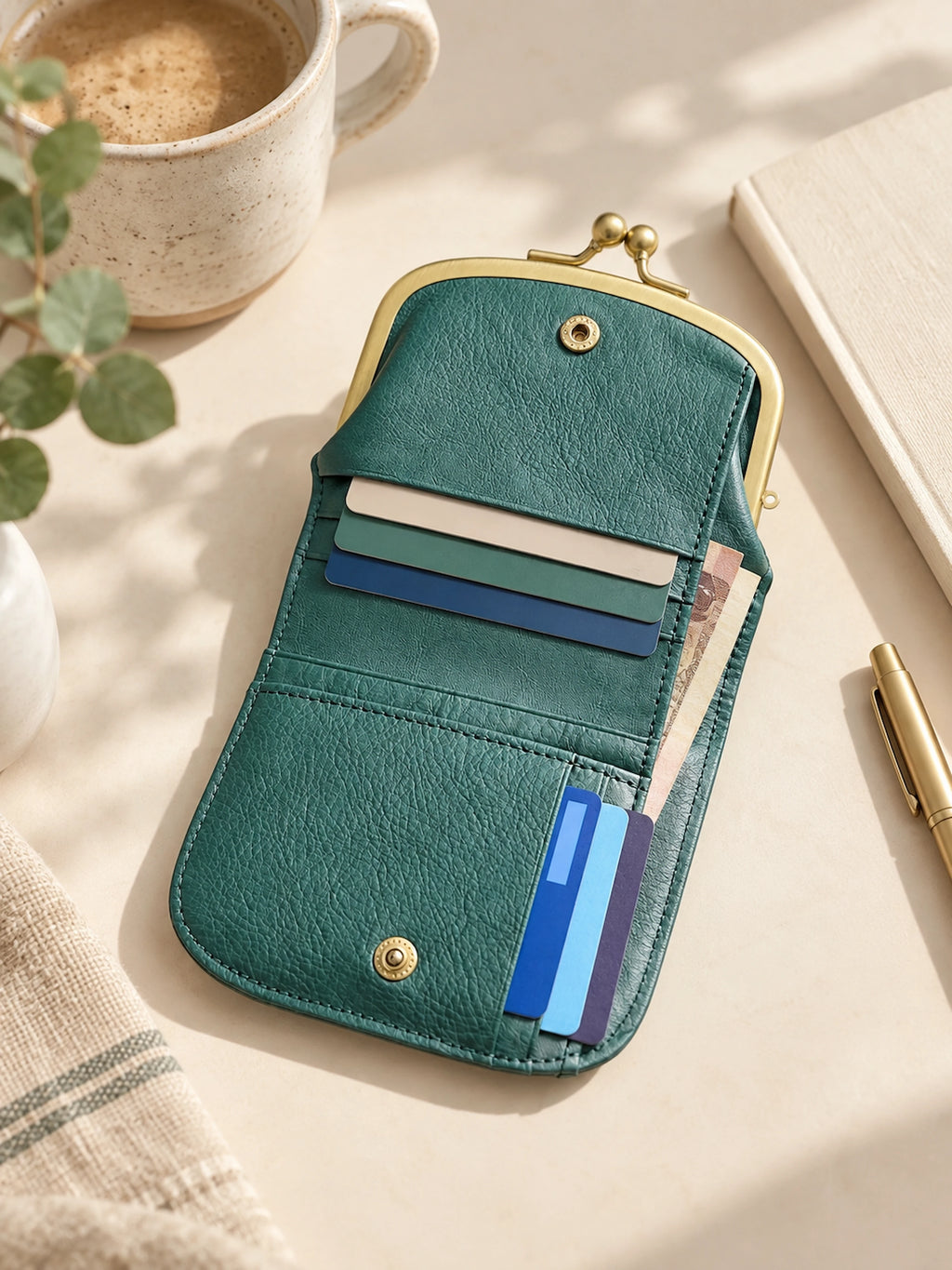 A teal green kiss-lock wallet with gold-tone hardware, shown open with card slots and inserted cards. The wallet is photographed in a styled flat-lay setting on a light beige surface with a coffee cup, notebook, pen, and fabric visible around it.