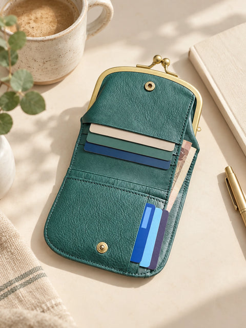 A teal green kiss-lock wallet with gold-tone hardware, shown open with card slots and inserted cards. The wallet is photographed in a styled flat-lay setting on a light beige surface with a coffee cup, notebook, pen, and fabric visible around it.