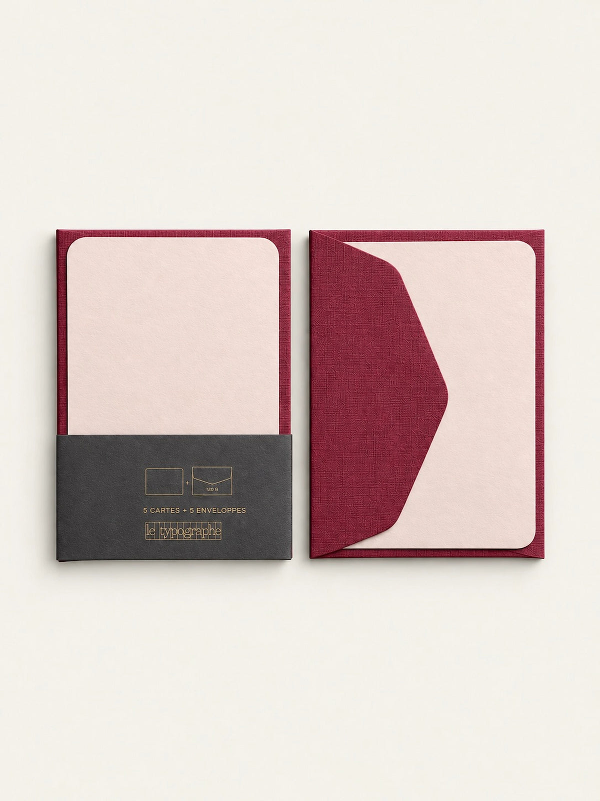 Le Typographe burgundy and peach mini card set shown packaged and open with envelope