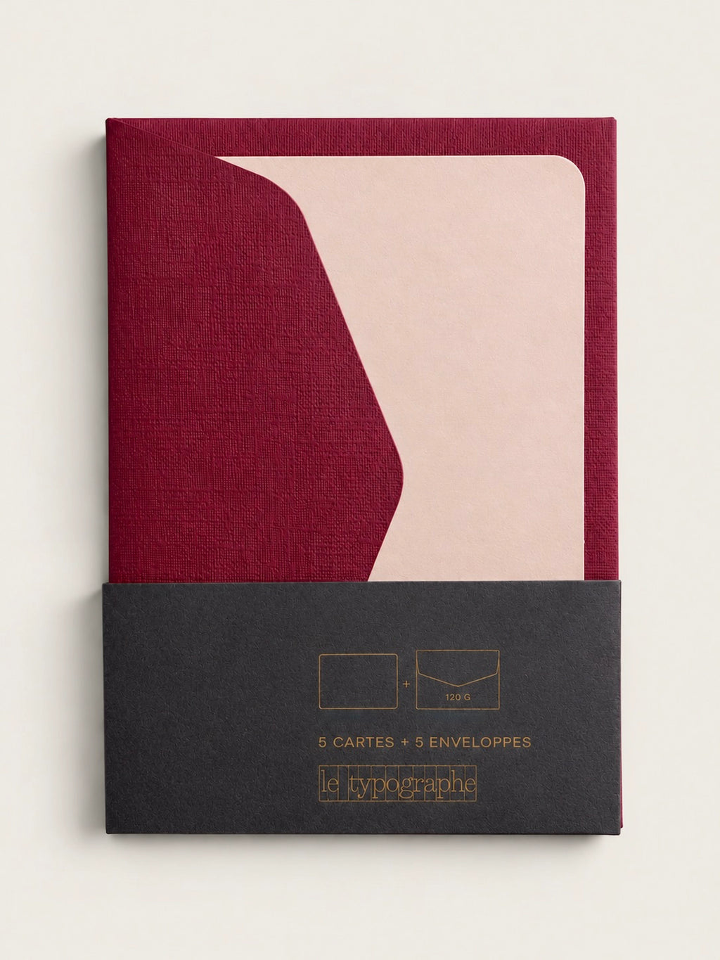 Le Typographe burgundy and peach mini cards with envelopes in charcoal paper sleeve