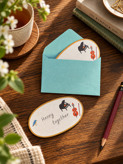 Japanese oval message cards illustrated with a grand piano, cello and small blue bird, beside a turquoise envelope on a sunlit wooden desk.