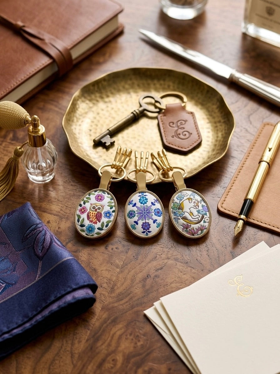 Ourooh Japanese Yuzen leather key clips with hand-painted owl, cat, and floral designs on brass frames, life style photo