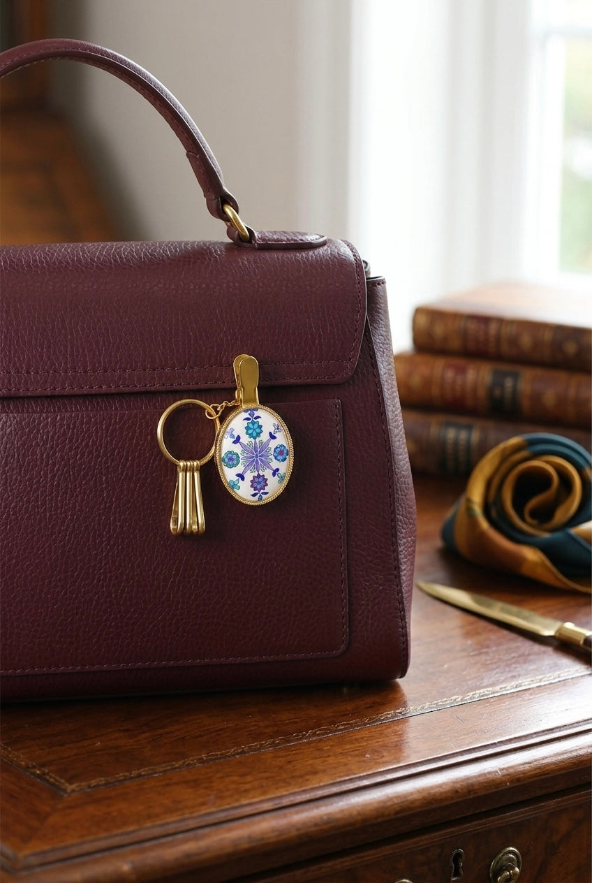 A burgundy leather handbag with a gold-tone key ring and decorative oval charm, resting on a polished wooden table with books and a scarf in the background.