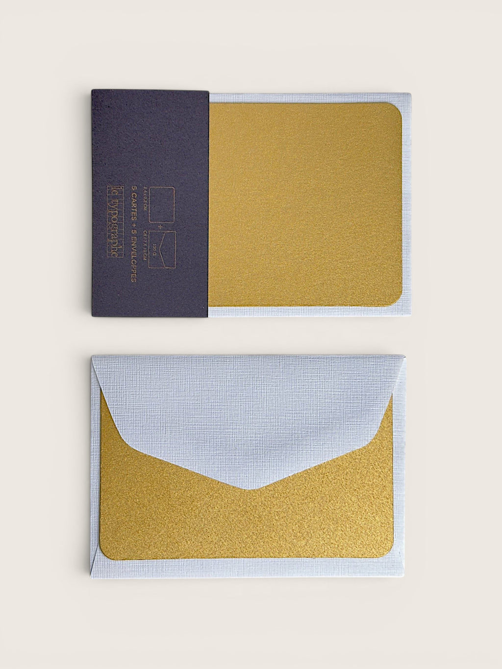 Ourooh set of five gold mini letterpress note cards with textured white envelopes and honeycomb interior detail.