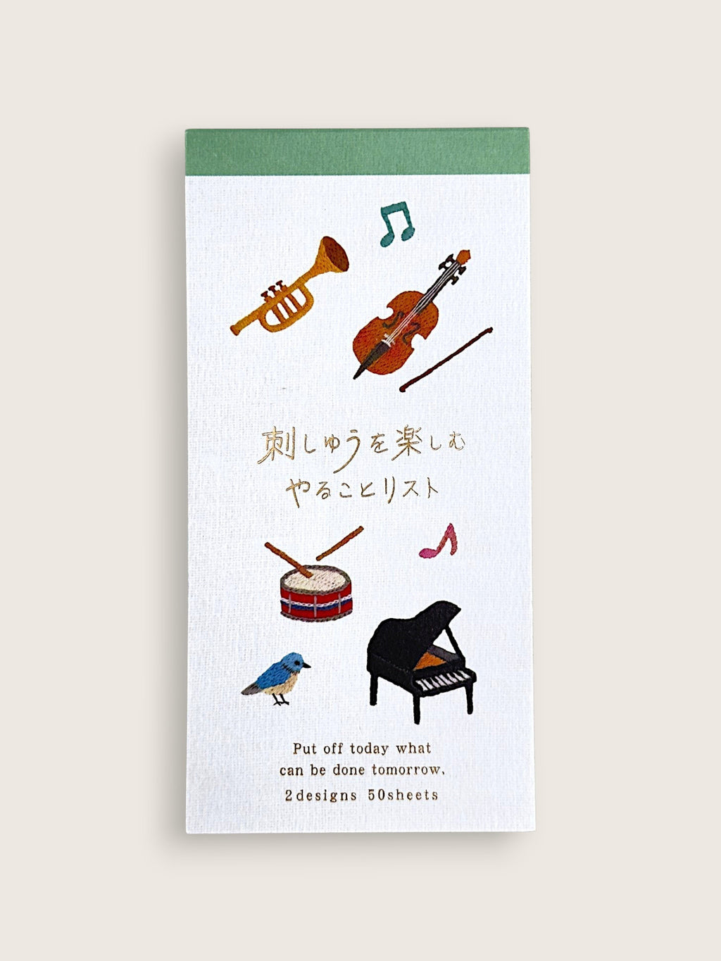 Ourooh Japanese music-themed to-do list pad with embroidered illustrations of instruments and a blue bird.