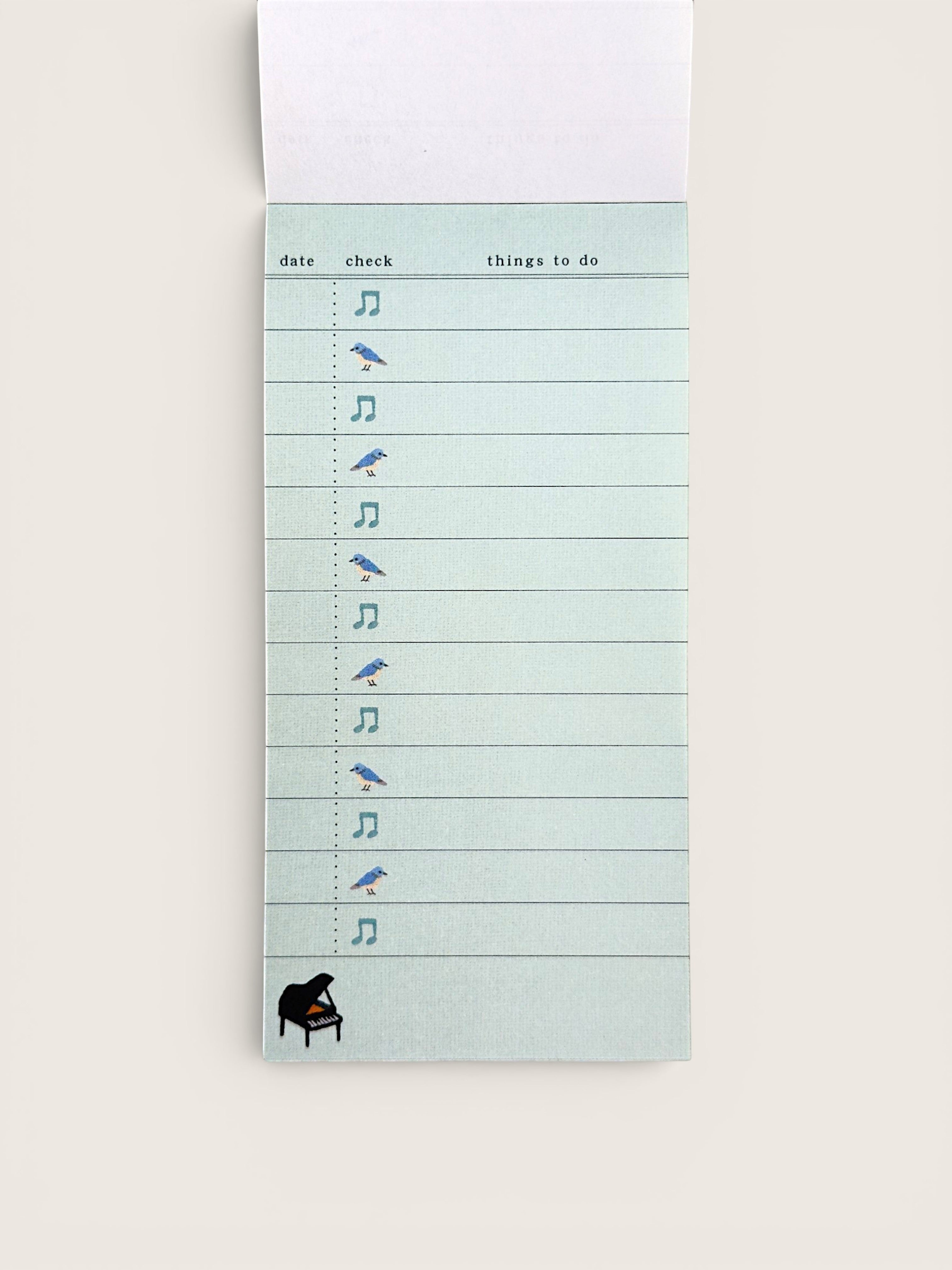 Ourooh Japanese to-do list pad with light green paper, musical note icons, blue bird illustrations, and grand piano.