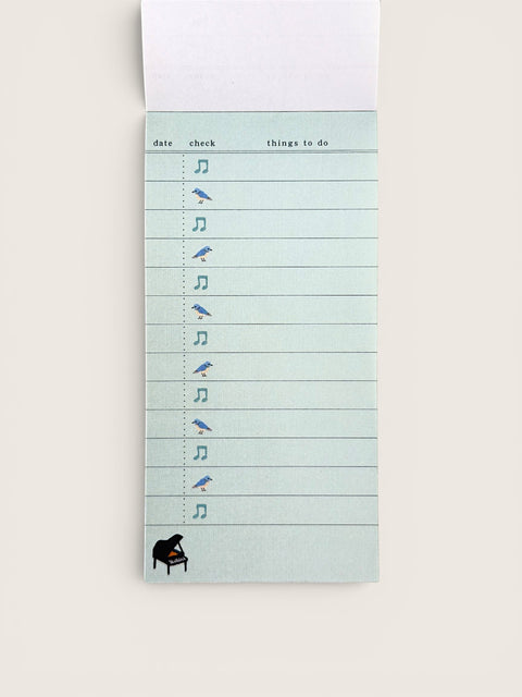 Ourooh Japanese to-do list pad with light green paper, musical note icons, blue bird illustrations, and grand piano.