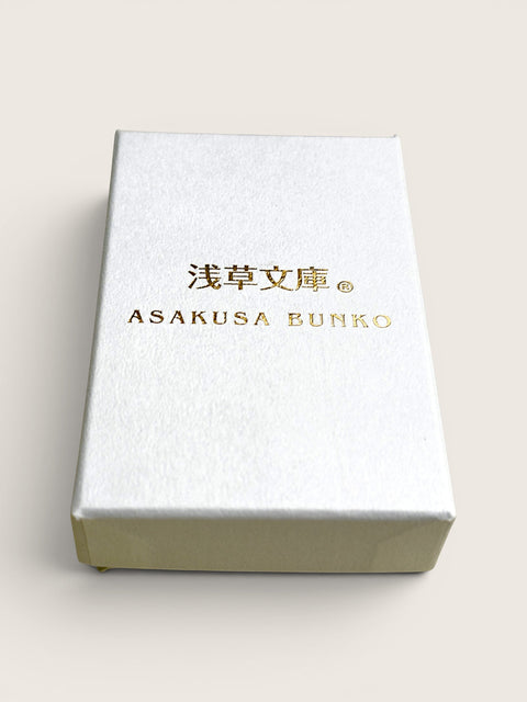 Ourooh Japanese Yuzen leather key clip presented in a white gift box with gold Asakusa Bunko branding.