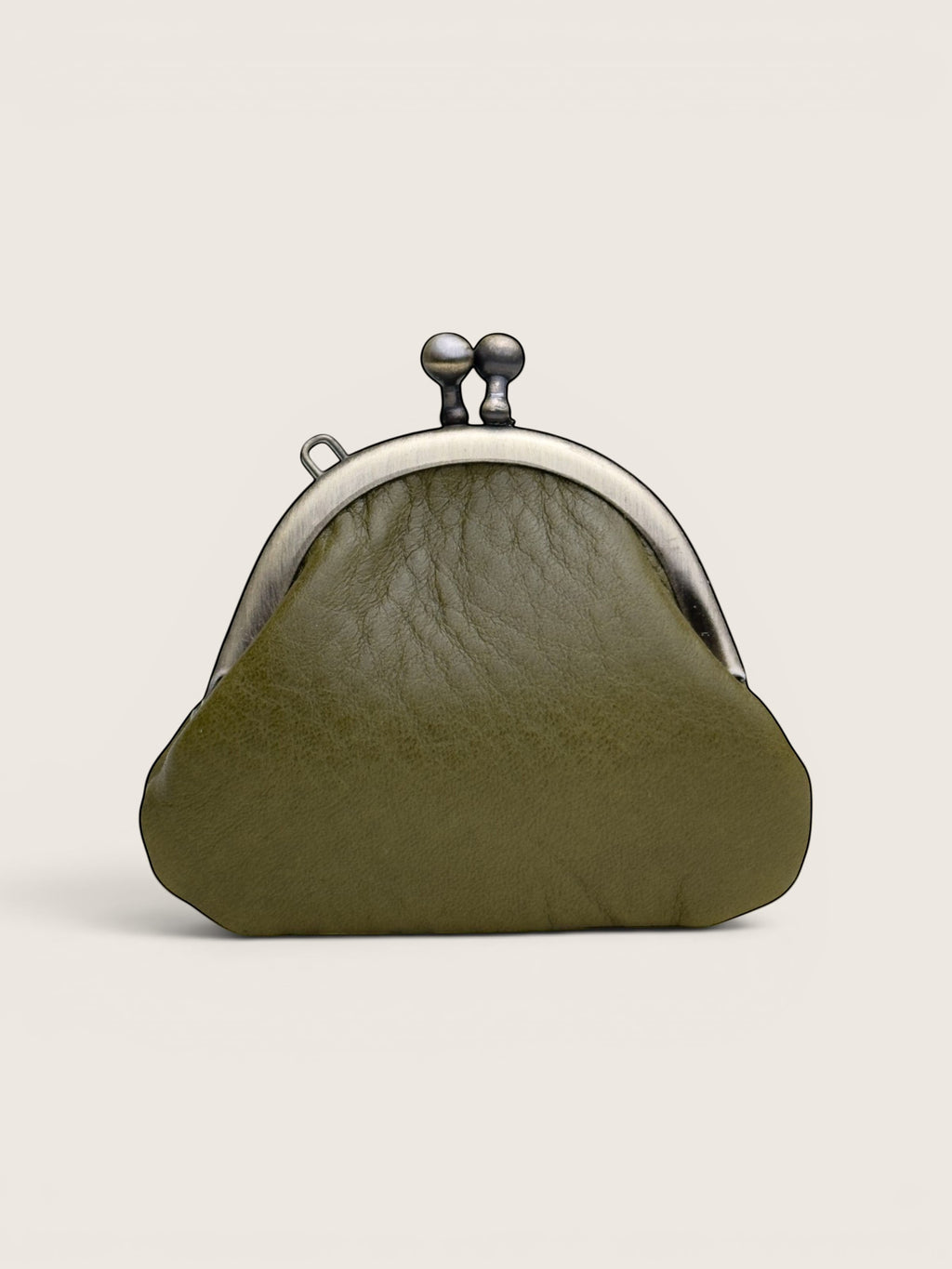 Ourooh olive green leather gamaguchi necklace purse with a metal clasp and embossed tree detail