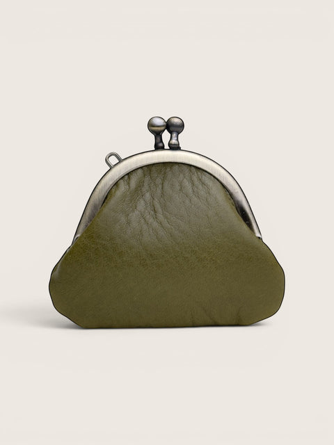 Ourooh olive green leather gamaguchi necklace purse with a metal clasp and embossed tree detail