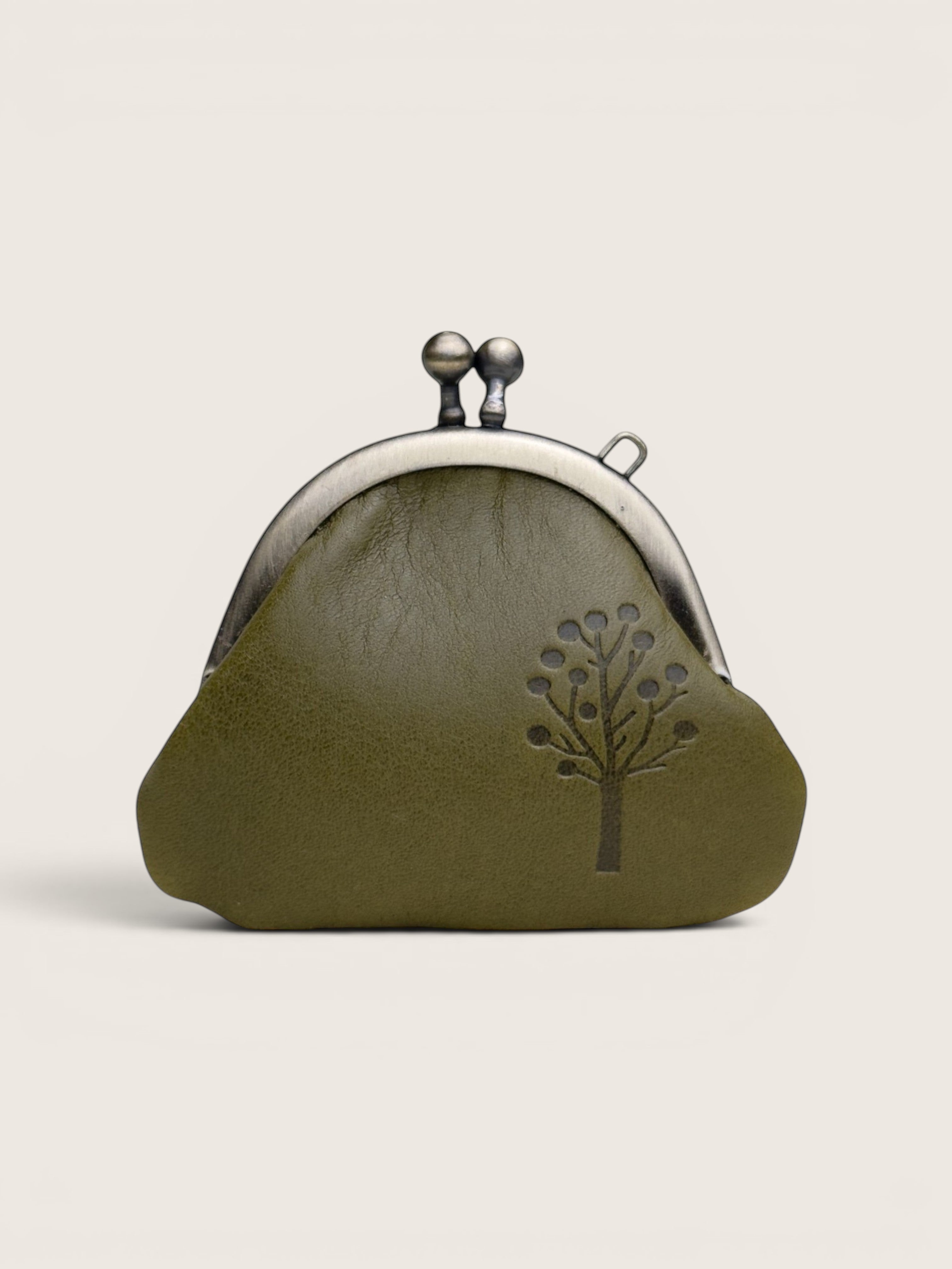 Ourooh olive green Japanese leather gamaguchi necklace purse with a tree embossing and metal clasp closure
