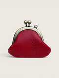Ourooh red Japanese leather gamaguchi necklace purse with a tree embossment and antique brass clasp