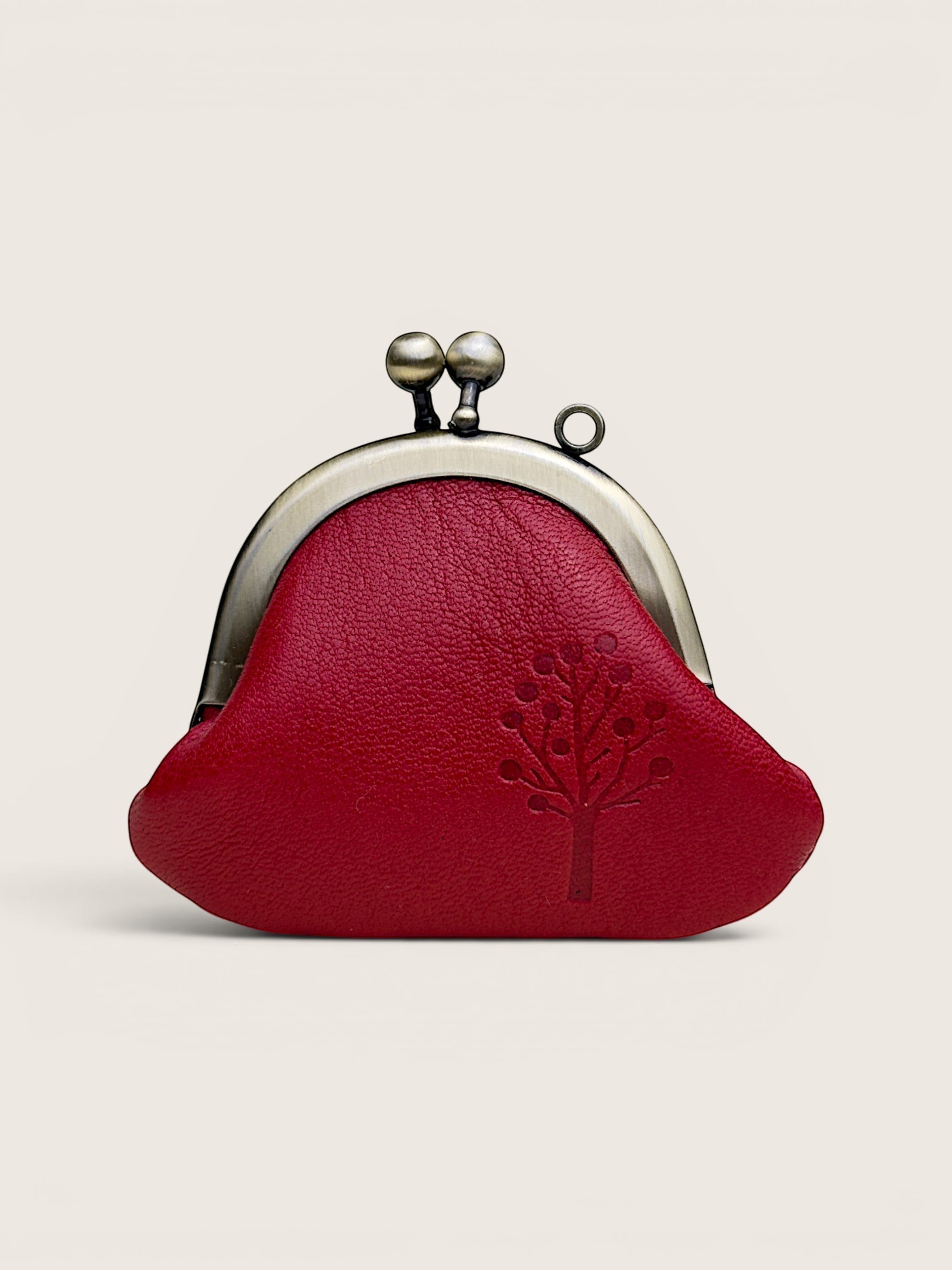 Ourooh red Japanese leather gamaguchi necklace purse with a tree embossment and antique brass clasp