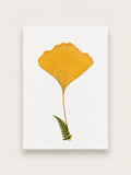 Pressed golden ginkgo leaf with a small green fern at its stem, mounted on A6 white cotton paper
